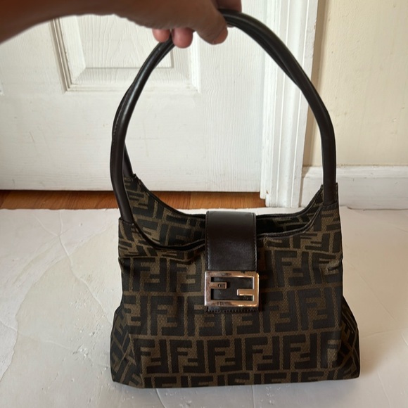 Fendi Handbags - Fendi Brown Logo Canvas Shoulder Bag with Dark Brown Leather Trim
